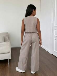 Firerie Kids Firerie Kids Nova Glow 少女休闲街头时尚通勤上学风梭织条纹阔腿直筒裤 - 卡其色 - 查看 5