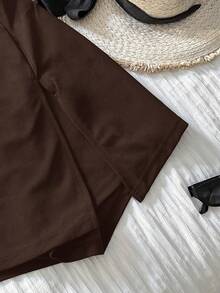 SHEIN EZwear 大码女士休闲日常通勤简约纯色巧克力棕色阔腿裤 - 巧克力棕 - 查看 4