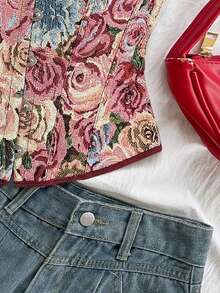 Soleia 女士彩色复古花卉提花抹胸露脐上衣，宫廷风格前扣闭合 - 粉色 - 查看 3