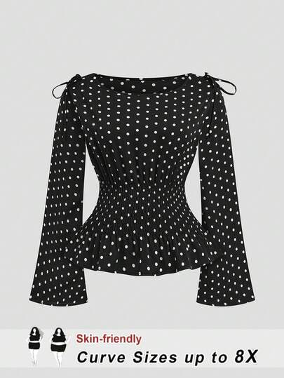 SHEIN CURVE+ Plus Size Women's Black & White Polka Dot Waist Fitted Long Sleeve Crew Neck Blouse, Minimalist Summer
