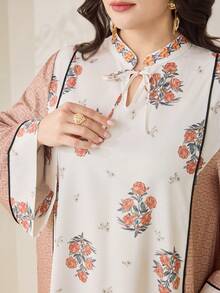 Al Najma Plus Size Women's Floral Patchwork Print Twist Keyhole Neck Ruffle Sleeve Loose Dress, Elegant Resort Style, Spring/Autumn - Multicolor - View 7