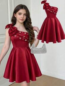 少女优雅奢华红色3D蝴蝶结串珠腰部A字中长连衣裙，适合派对、晚宴、正式场合，红色连衣裙，情人节。 - 紅色 - 查看 1