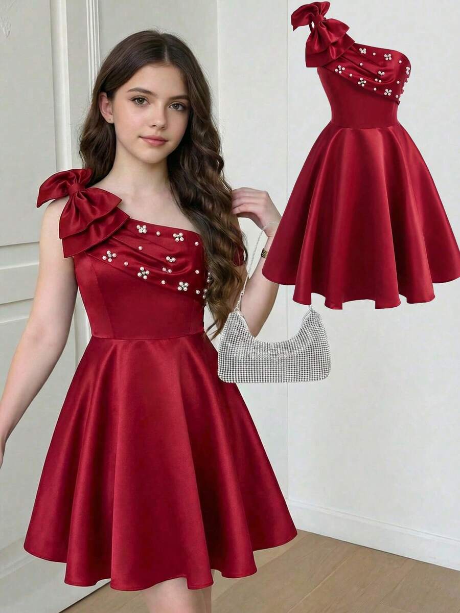 少女优雅奢华红色3D蝴蝶结串珠腰部A字中长连衣裙，适合派对、晚宴、正式场合，红色连衣裙，情人节。 - 紅色 - 查看 1