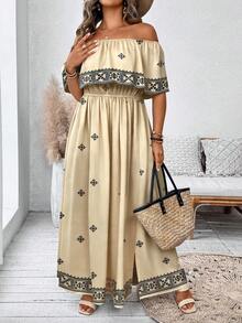 Breezaya Vestido maxi con volantes en el hombro y la cintura para mujer de talla grande, elegante vestido de playa para vacaciones - Albaricoque - Ver 4