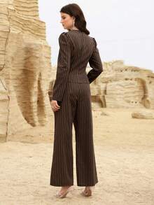 Modelyn 女士棕色条纹系带上衣和直筒裤两件套，春夏款 - 棕色 - 查看 2