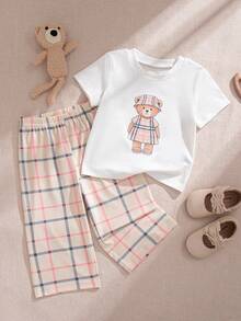 Souflis Souflis 2件套幼儿女童0-3岁休闲可爱小熊图案短袖T恤和裤子套装，春夏款 - 粉色 - 查看 3