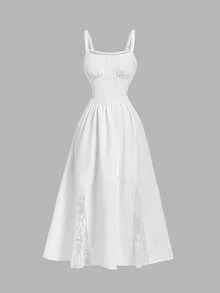 SHEIN MOD Đầm hai dây thanh lịch màu trơn phối ren dành cho nữ - trắng - Xem 9