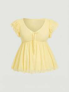 SHEIN MOD Plus Size Polka Dot Mesh Bow Tie Puff Sleeve Ruffle Hem Blouse - Light Yellow - View 1
