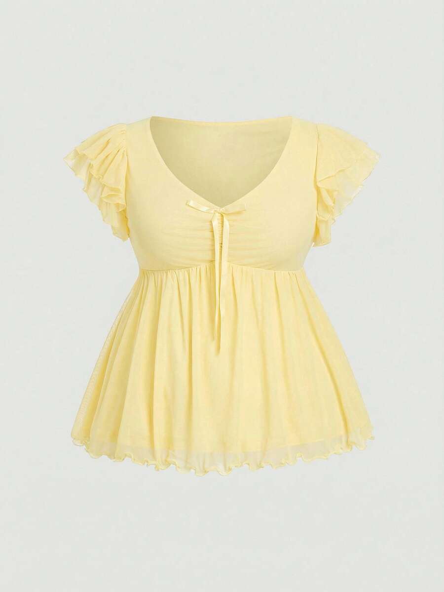 SHEIN MOD Plus Size Polka Dot Mesh Bow Tie Puff Sleeve Ruffle Hem Blouse - Light Yellow - View 1