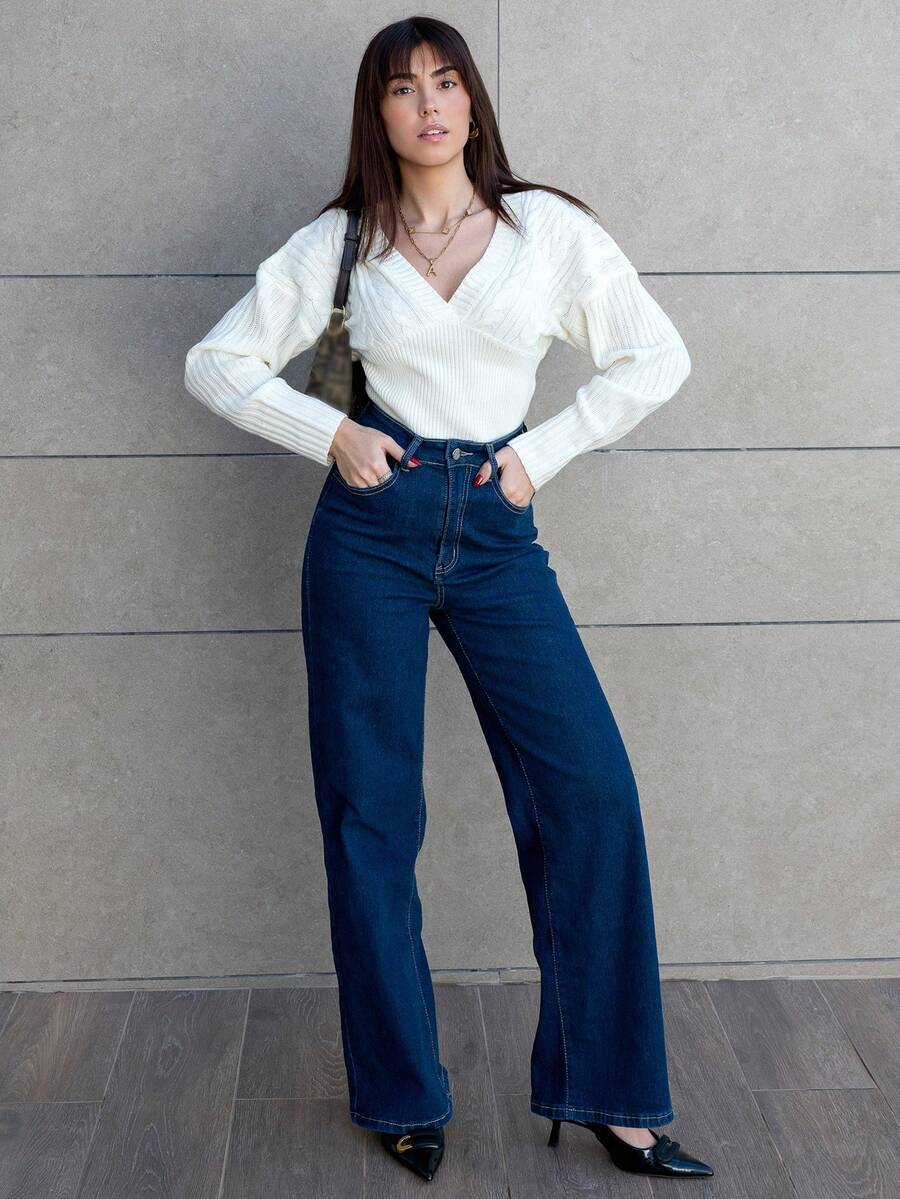 Hitanina 休闲高腰直筒洗水牛仔裤 - 深色水洗藍 - 查看 1