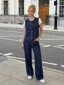Siren Gaze Women's Casual Denim Suit: Sleeveless Vest + Wide-Leg Pants,Summer Casual Two-Piece Set - Dark Wash - View 4