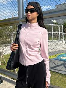 DAZY 少女纯色长袖拉链休闲外套 - 粉色 - 查看 1