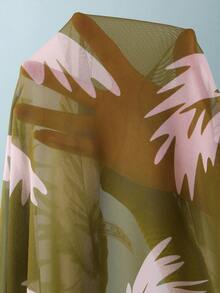 Swim Oasis 大码女式亮面纹理面料交叉前系带露背椰树印花网纱裙连体泳衣，休闲度假日常泳池优雅款 - 綠色 - 查看 12