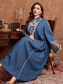 Al Najma Women's Long Sleeve Print Trim Loose Elegant Plus Size Arabic Dress Kaftan Jalabiya Dress - Multicolor - View 8