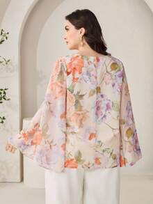 Veilorie Plus Size Women Elegant Floral Print Loose Fit Round Neck Blouse, Autumn - Multicolor - View 4