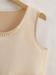 GlowEve 女士圆领串珠无袖休闲背心，珍珠缎面吊带背心，优雅闪亮背心，春夏度假装 - 杏色 - 查看 4
