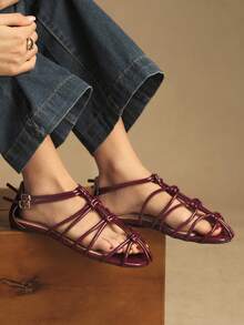 Women's Burgundy French Style Flat Strap Shoes, Fashionable For Daily Wear, Spring/Summer - Burgundy - View 2