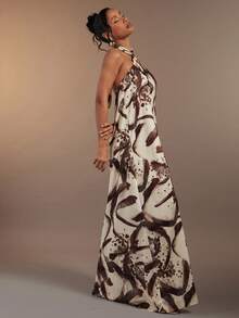Hauture Women's Sexy Abstract Animal Skin Zebra Brown Print Backless Halter Neck Loose Maxi Dress - Multicolor - View 5