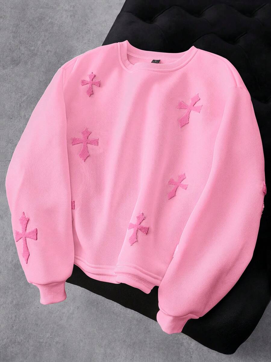 Manfinity EMRG 男士街头风流行INS风十字绣卫衣，适合音乐节、夜店、酒吧等场合，也可作为男友/老公礼物、周年纪念礼物，白色圆领 - 粉色 - 查看 1