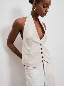 ATUI Studio Women's Beige Sleeveless Deep V-Neck Cinched Waist Vest, Sheer Atmosphere, Suitable For Dates, Vacations, And Daily Commute - Beige - View 4