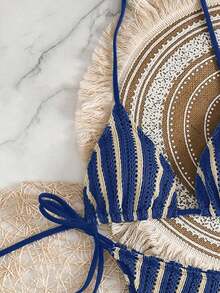 Set de 3 piezas de cubrecosturas de crochet con cordón estilo boho para bikini - Azul - Ver 3