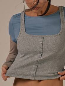 MUSERA Mehrschichtiges Kontrast Langarm-Kurzarm-Weste Top Figurbetontes Top Frühling Sommer Süß Gemütlich Cottage-Stil Frühlingstau - Verschiedenfarbig - Übersicht 1