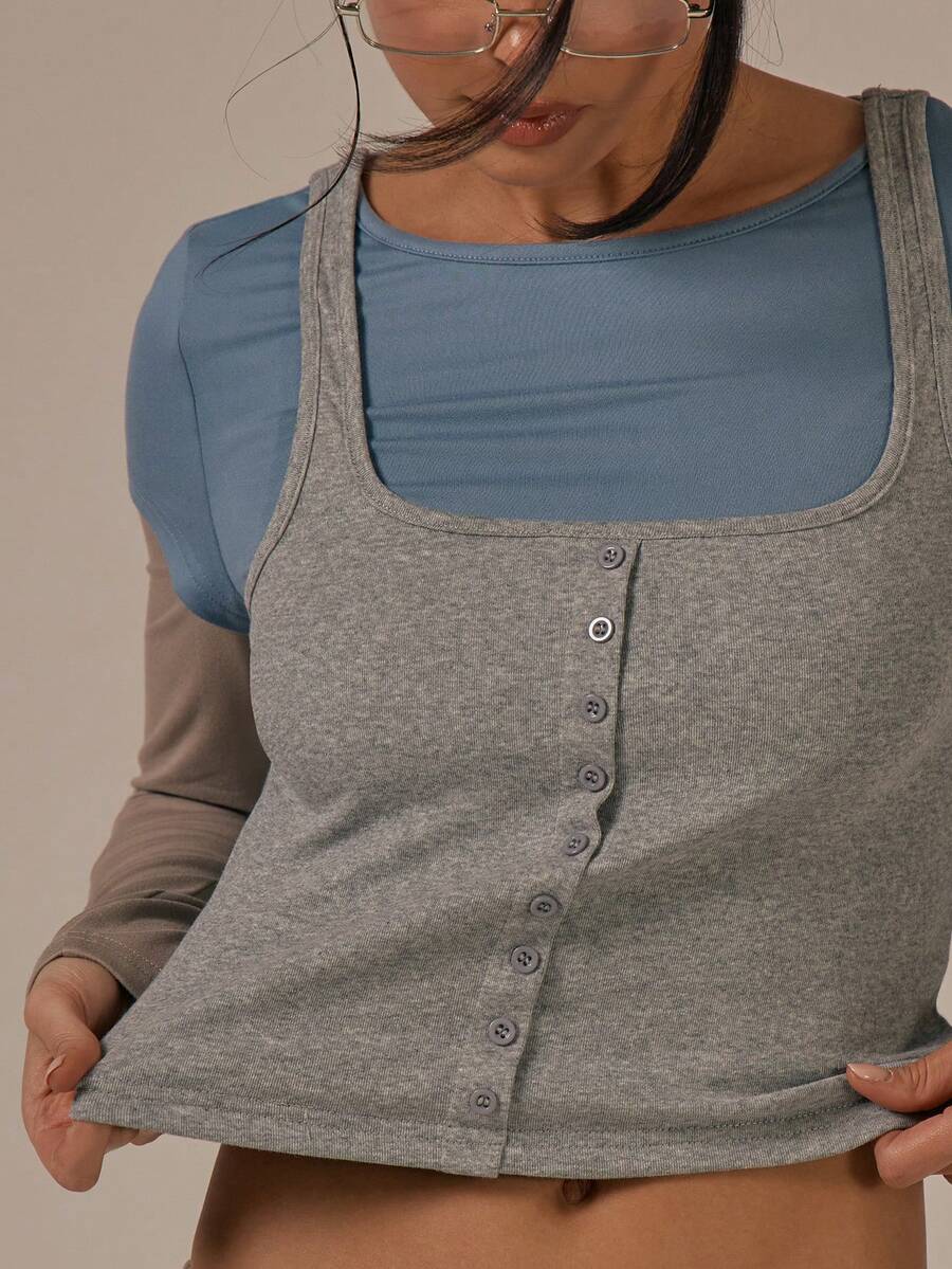 MUSERA Mehrschichtiges Kontrast Langarm-Kurzarm-Weste Top Figurbetontes Top Frühling Sommer Süß Gemütlich Cottage-Stil Frühlingstau - Verschiedenfarbig - Übersicht 1