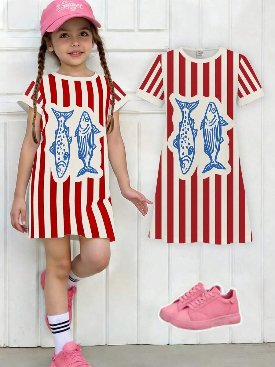 Gaun Kaos Lengan Pendek Motif Ikan Garis Vertikal Merah & Putih Minimalis, Bergaya Kasual, Kreatif, dan Personal untuk Anak Perempuan, Nyaman untuk Dipakai Sehari-hari, Cocok untuk Musim Panas & Gugur. - MultiWarna - View 1