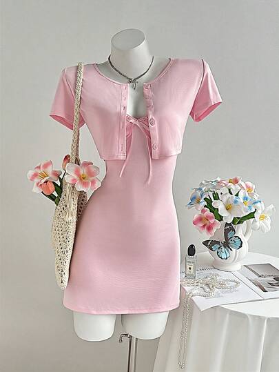 Elamini 2026 Spring/Summer New 2 Pieces Set, Sexy Off-Shoulder Fitted Dress With Button Decor & Short Sleeve Cardigan, Fashionable Chic Set