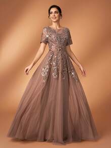 Serin 优雅奢华的珍珠亮片刺绣蕾丝贴花网纱透视袖喇叭连衣裙，适合婚礼、派对、度假、新娘、新娘母亲、晚礼服等场合。 - 霧霾藍 - 查看 5