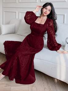 Feyla Đầm nữ thanh lịch cổ vuông, eo thon, tay phồng, thích hợp cho mùa thu. - Màu Đỏ Sâu - Xem 6