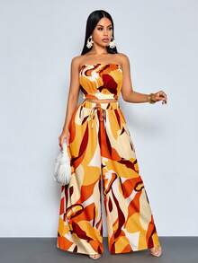 SOLERSUN Irregular Patterned Print Casual 2-Piece Set With Simple Top And Loose Pants, Suitable For Elegant Gatherings, Vacations, Music Festivals, Beach Outings, Sunbathing, And Daily Wear - Orange - View 4