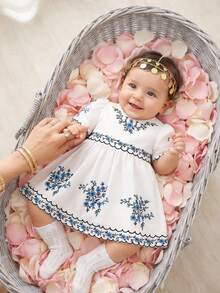SHEIN Newborn Baby Girl Elegant Embroidered Dress,Dusty Blue Floral Lace White Princess Maxi Dress,Summer Wedding Christening Vintage Heirloom Outfit - Blue and White - View 1