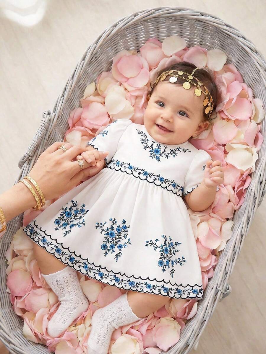 SHEIN Newborn Baby Girl Elegant Embroidered Dress,Dusty Blue Floral Lace White Princess Maxi Dress,Summer Wedding Christening Vintage Heirloom Outfit - Blue and White - View 1