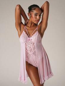 SHEIN BAE 透明网眼拼接二合一性感蕾丝女式内衣紧身衣 - 淺粉色 - 查看 4