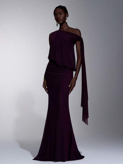 Elitara Elegant, Romantic, Fashionable Deep Purple Elastic Mesh Fabric Ruched Decor High Stretch Mermaid Hem Elegant Party Dress, Wedding Guest Dress, Purple Dress, Fashionable & Graceful Bridesmaid Dress