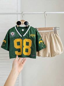 SHEIN 2pcs Baby Girl Knitted Letter & Number Pattern V-Neck Casual T-Shirt And Shorts Set - Multicolor - View 3