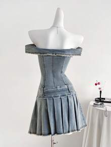 Elamini 女士休闲时尚街头风毛边翻领露肩荷叶边下摆系带牛仔连衣裙，夏季 - 藍色 - 查看 2