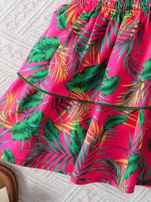 Young Girl's Summer Vacation Casual Green Criss-Cross Sleeveless Camisole Top Paired With Tropical Ditsy Floral Elastic Waist Pleated Midi Skirt - Multicolor - View 5