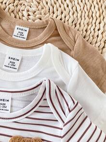 SHEIN 3件套新生男宝宝圆领短袖竹节图案纯色条纹小熊刺绣可爱休闲复古按扣连体衣，适合夏季外出或公园玩耍 - 彩色 - 查看 4