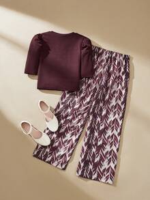 SHEIN 少女泡泡袖上衣和印花阔腿裤两件套，适合日常外出和度假穿着 - 彩色 - 查看 10