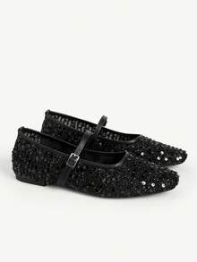 CUCCOO CHICEST 女士多功能网眼亮片平底套脚鞋，适合工作和夏季穿着 - 黑色 - 查看 2