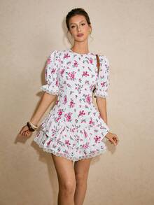 Poéselle Women's Floral Print White And Pink Summer Cottage Core Mini Dress,Puff Sleeve Backless Ruffle Hem Dress For Brunch,Wedding Guest Graduation Outfits - White - View 5