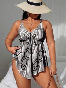 Swim Lushoire Plus Size Women Beach Holiday Spaghetti Strap Print Tankini Swimsuit Set With Swim Shorts - Black and White - View 1