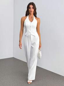 SHEIN Tall 女士无袖背心和阔腿裤两件套，优雅休闲通勤装，春夏款 - 白色 - 查看 2