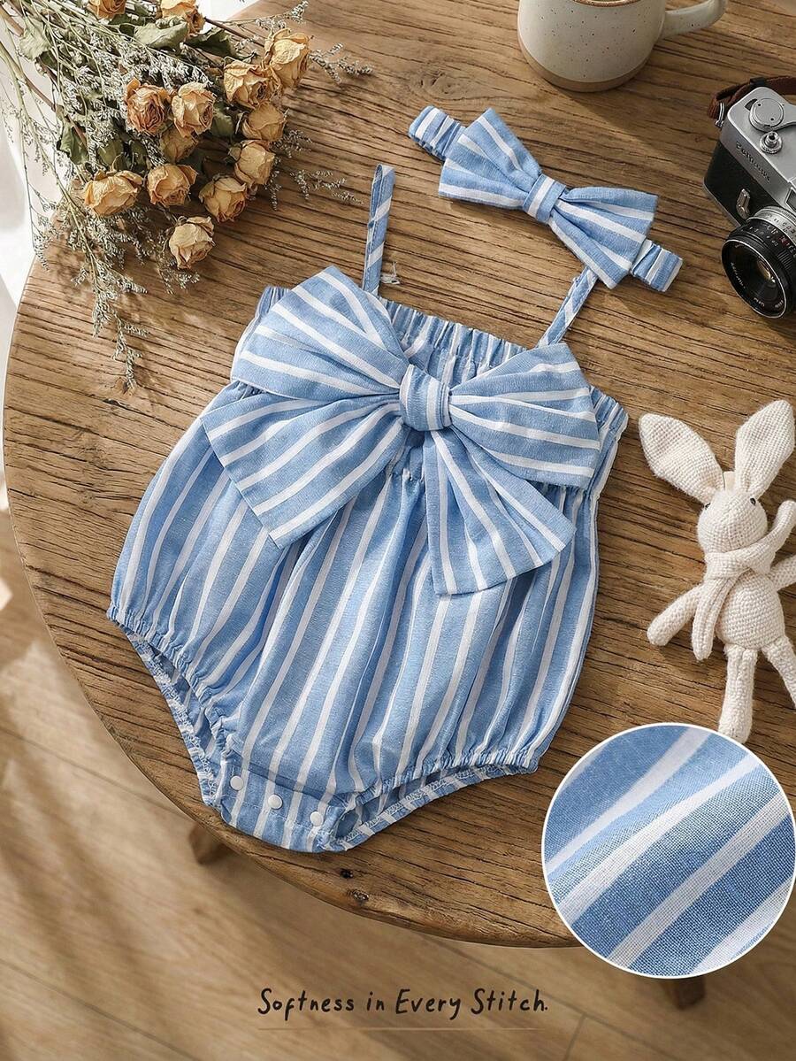 Cozy Pixies Baby Girl Colorful Striped Bow Decor Sleeveless Romper, Versatile & Comfortable,Baby Girl's Blue Stripe Bow Romper & Headband Set - Sleeveless Bubble Romper With Oversized Bow - Blue - View 1