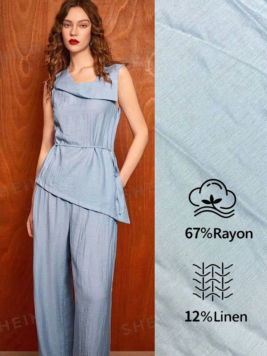 Uhlyne Women's Spring/Summer New Minimalist Linen Design Shirt Top And Loose Straight Leg Pants 2 Pieces Set, Casual Relaxed Waist Suit, Suitable For Daily, Vacation, Commute, Gathering Blue - Blue - View 1