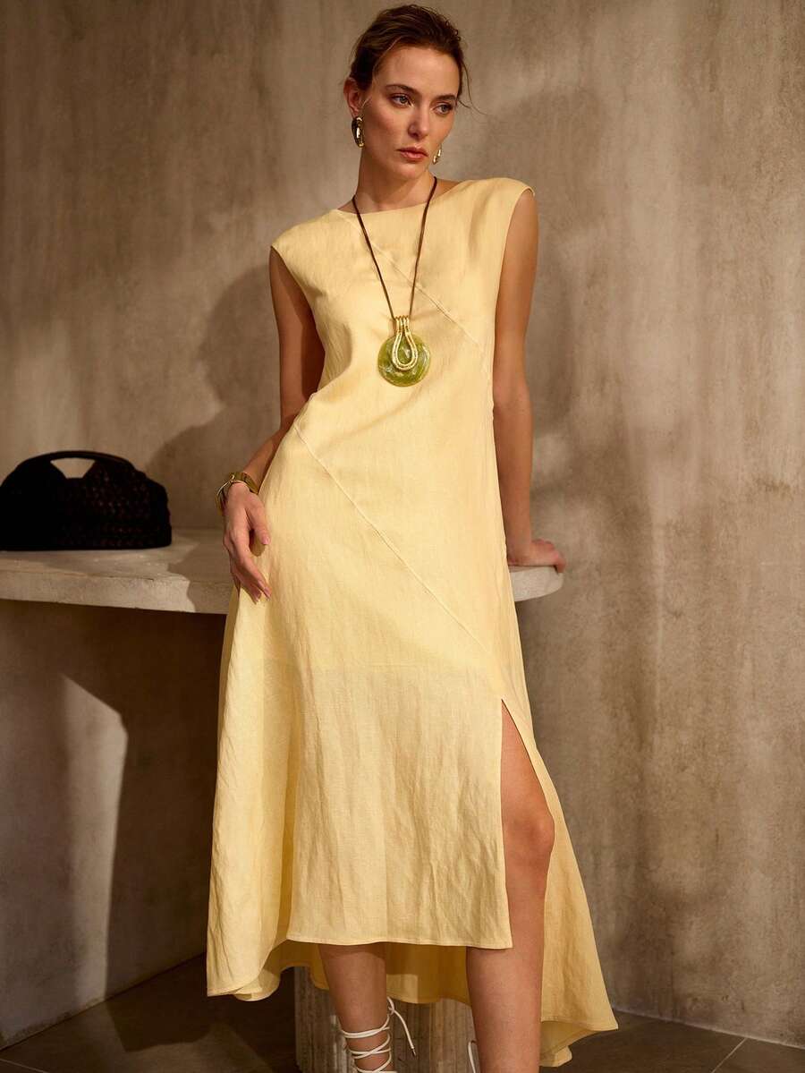 MOTF PREMIUM ASYMMETRIC HEM SLEEVELESS LINEN SHIFT DRESS, MINIMALIST URBAN STYLE, SPRING/SUMMER - Yellow - View 1