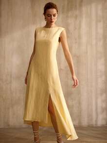 MOTF PREMIUM ASYMMETRIC HEM SLEEVELESS LINEN SHIFT DRESS, MINIMALIST URBAN STYLE, SPRING/SUMMER - Yellow - View 5