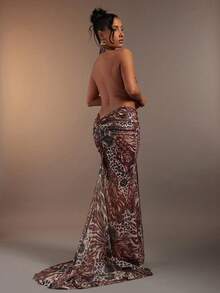 Hauture 女士性感抽象动物花卉褶皱露背开衩吊带连衣裙 - 墨綠色 - 查看 6